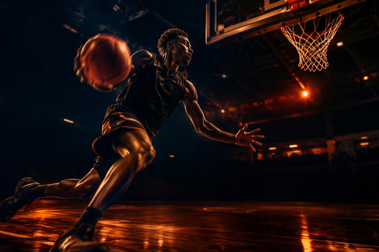 CourtKings player driving to the basket in a dark gym
