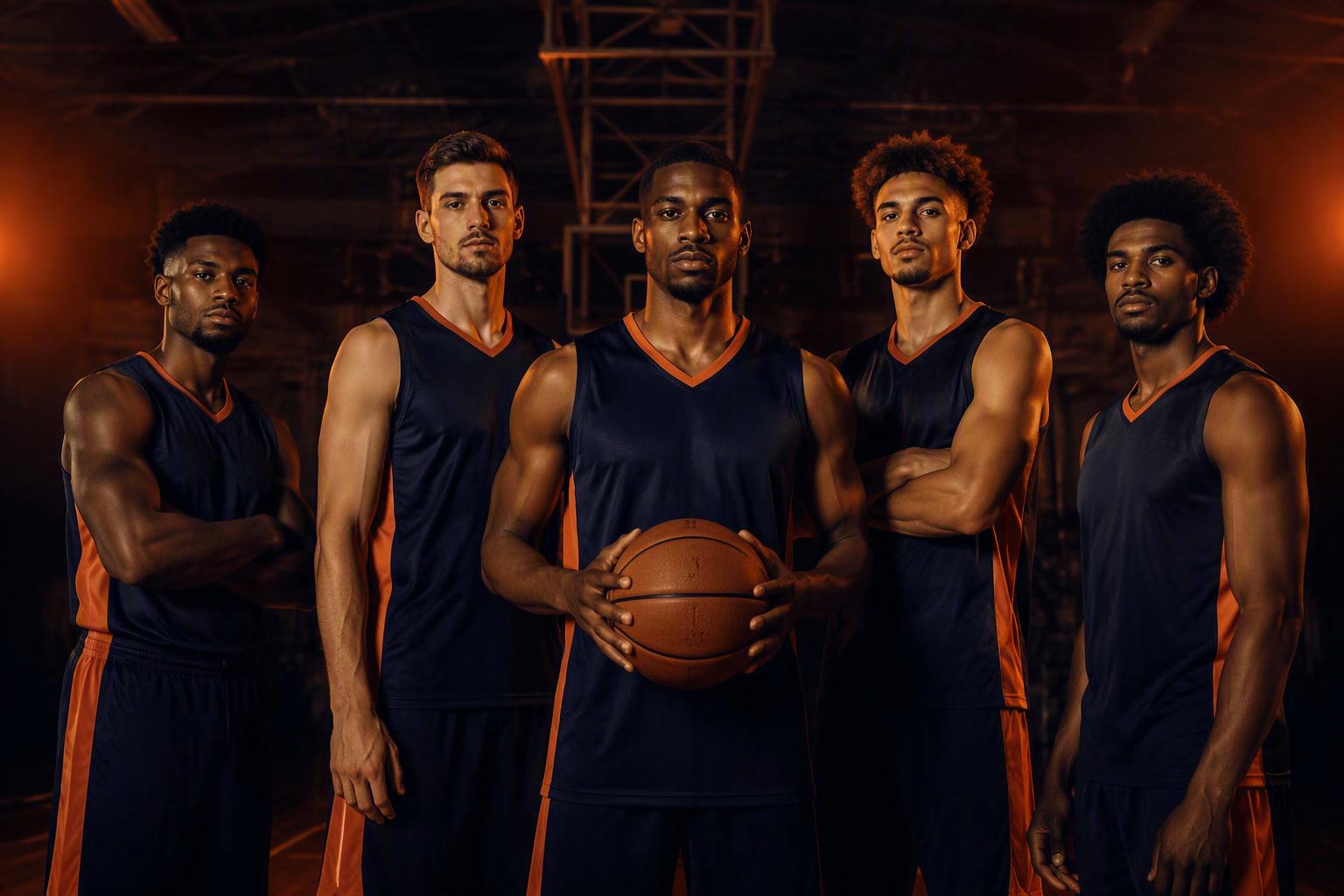 Basketball team in matching CourtKings uniforms standing together in a dim gym